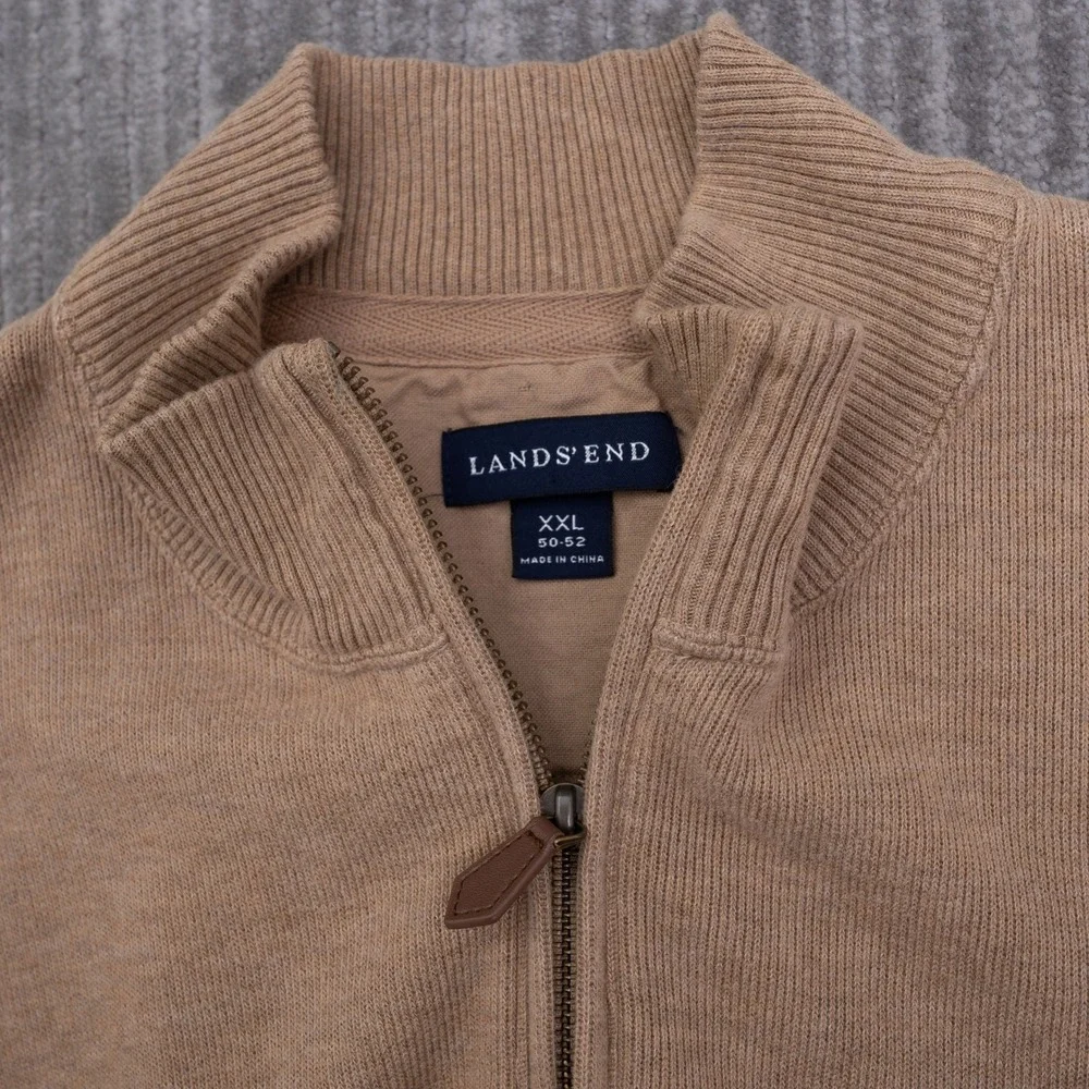 Lands End Mens XXL Tan 1/4 Zip Cotton Sweater Elbow Patches Mock Neck Pullover